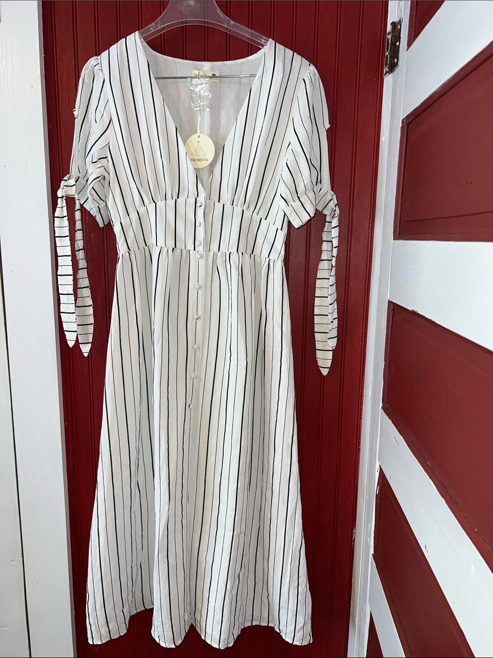 Promesa White Midi Dress with Black Vertical Stripes Cotton M